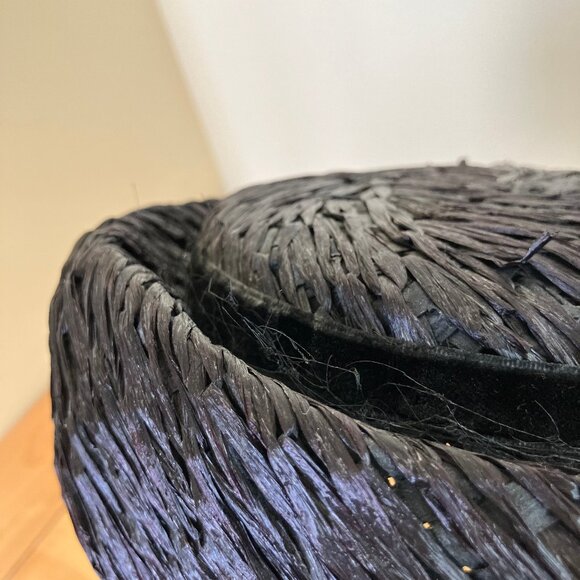 Black Raffia Pillbox Hat with Velvet Ribbon Vintage 1960s Women's Fashion Hat - Picture 6 of 8